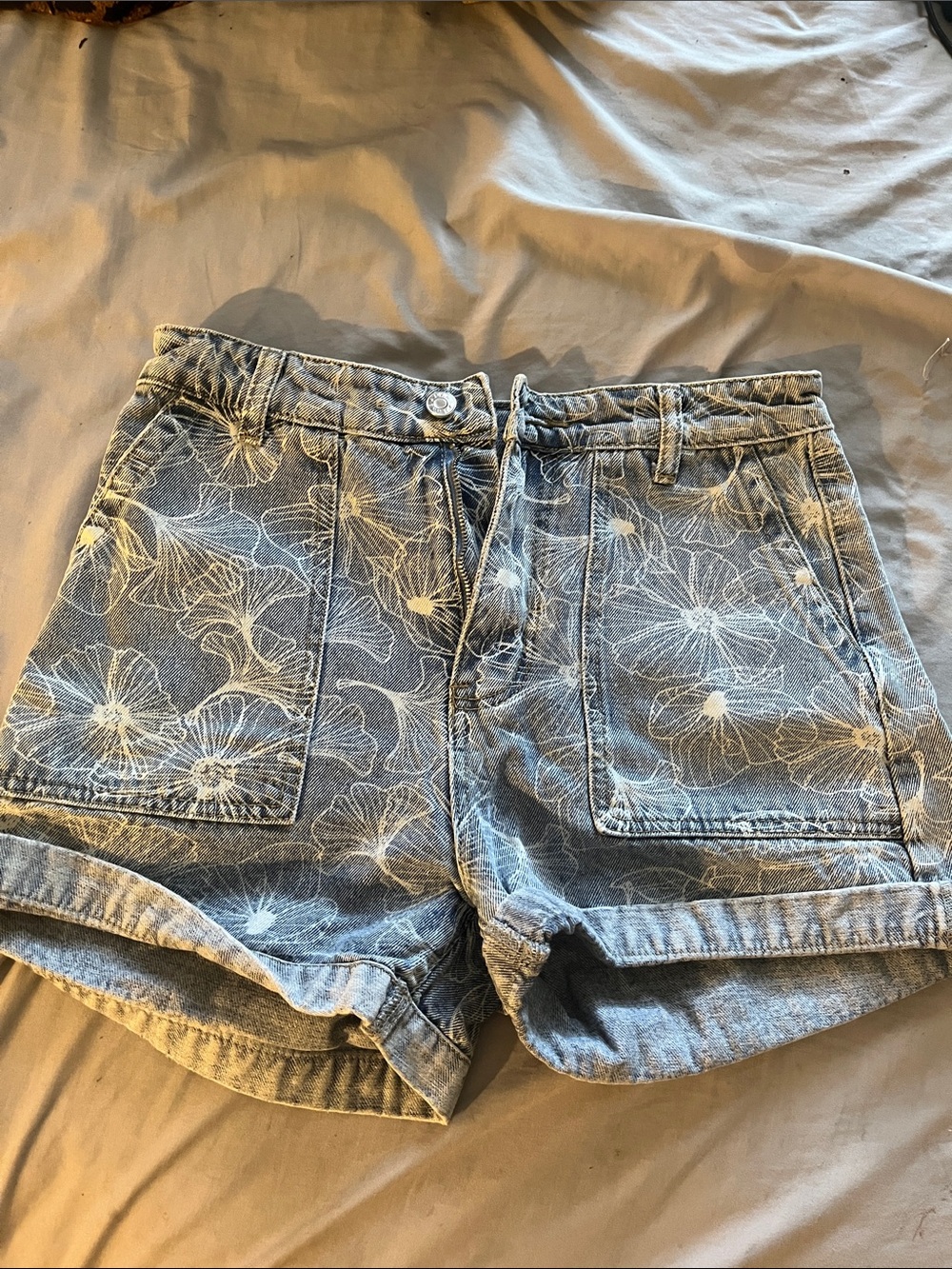 Floral Print Light Blue Denim Shorts for Women
